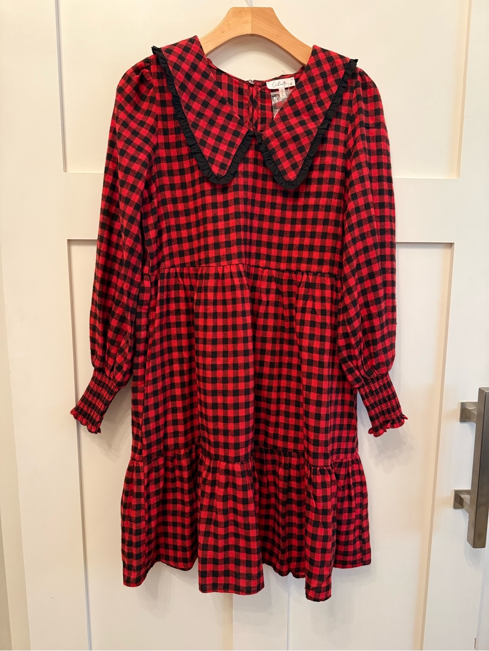 Calista Women’s Red and Black Check Cotton Dress with Peter Pan Collar